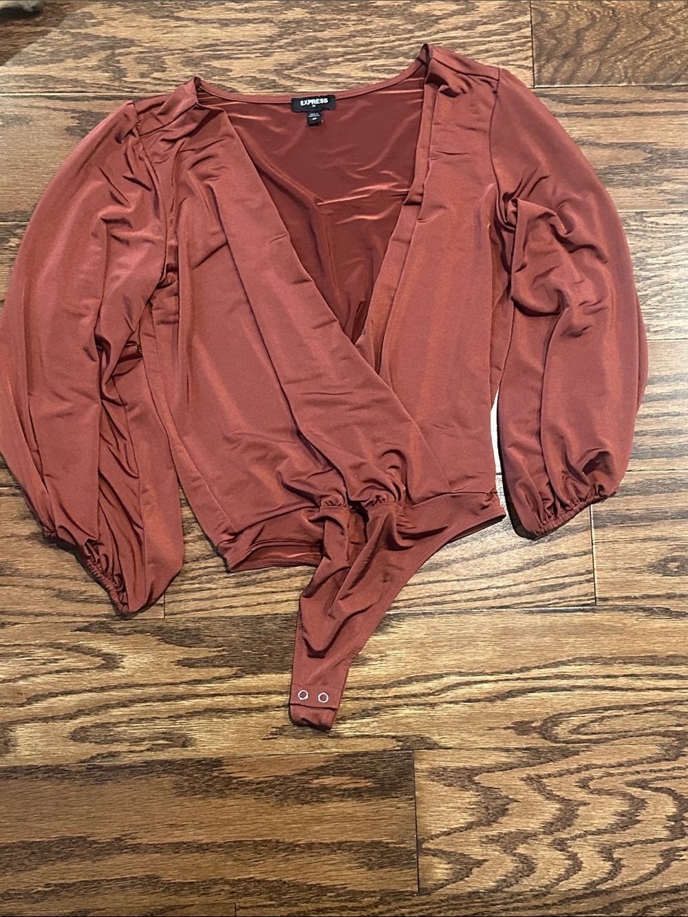 Express Rust-Tone Wrap Bodysuit with Puff Sleeves
